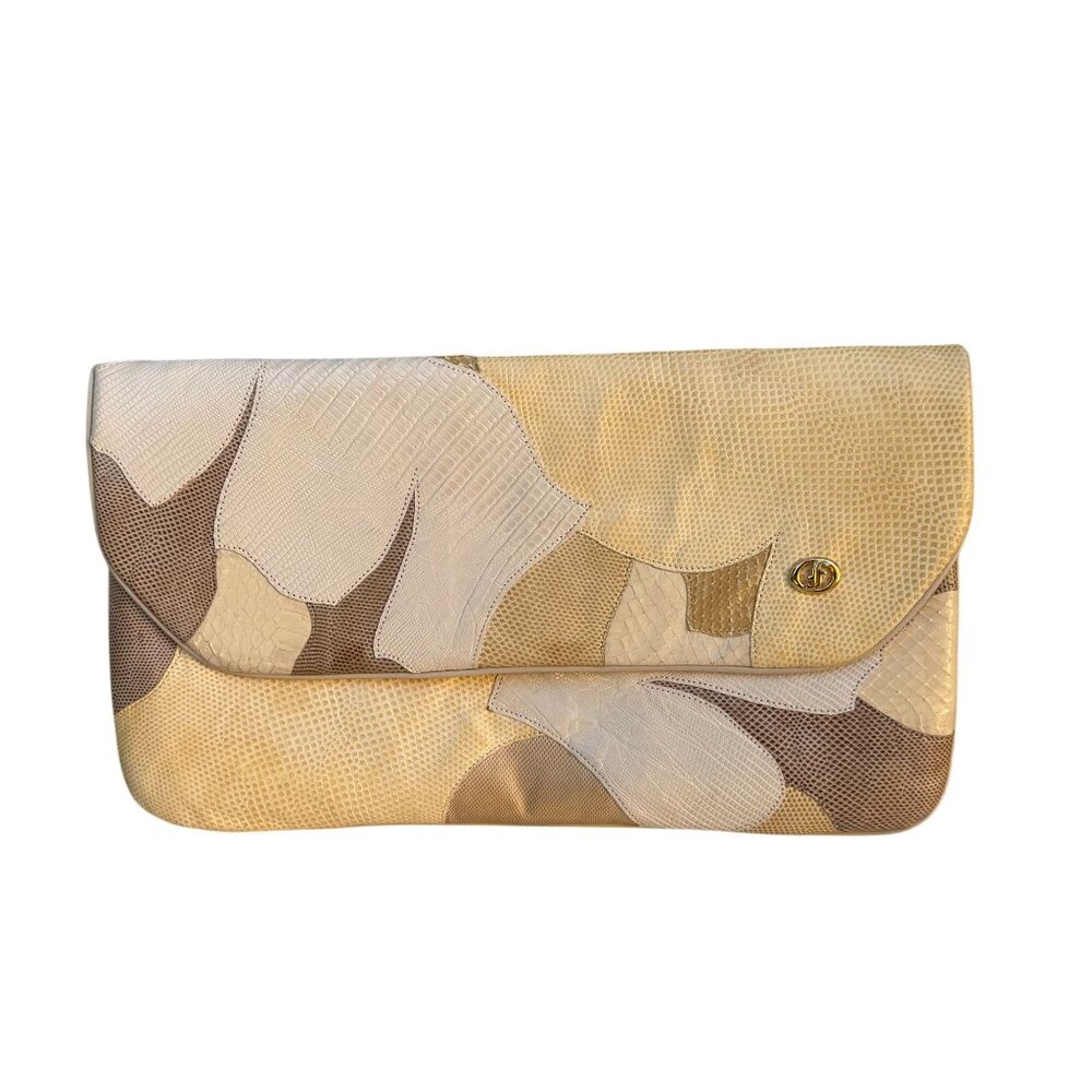 Carlo Fiori Italy Vintage 80s Glam Luxury Snakeskin Patchwork Clutch Evening Bag
